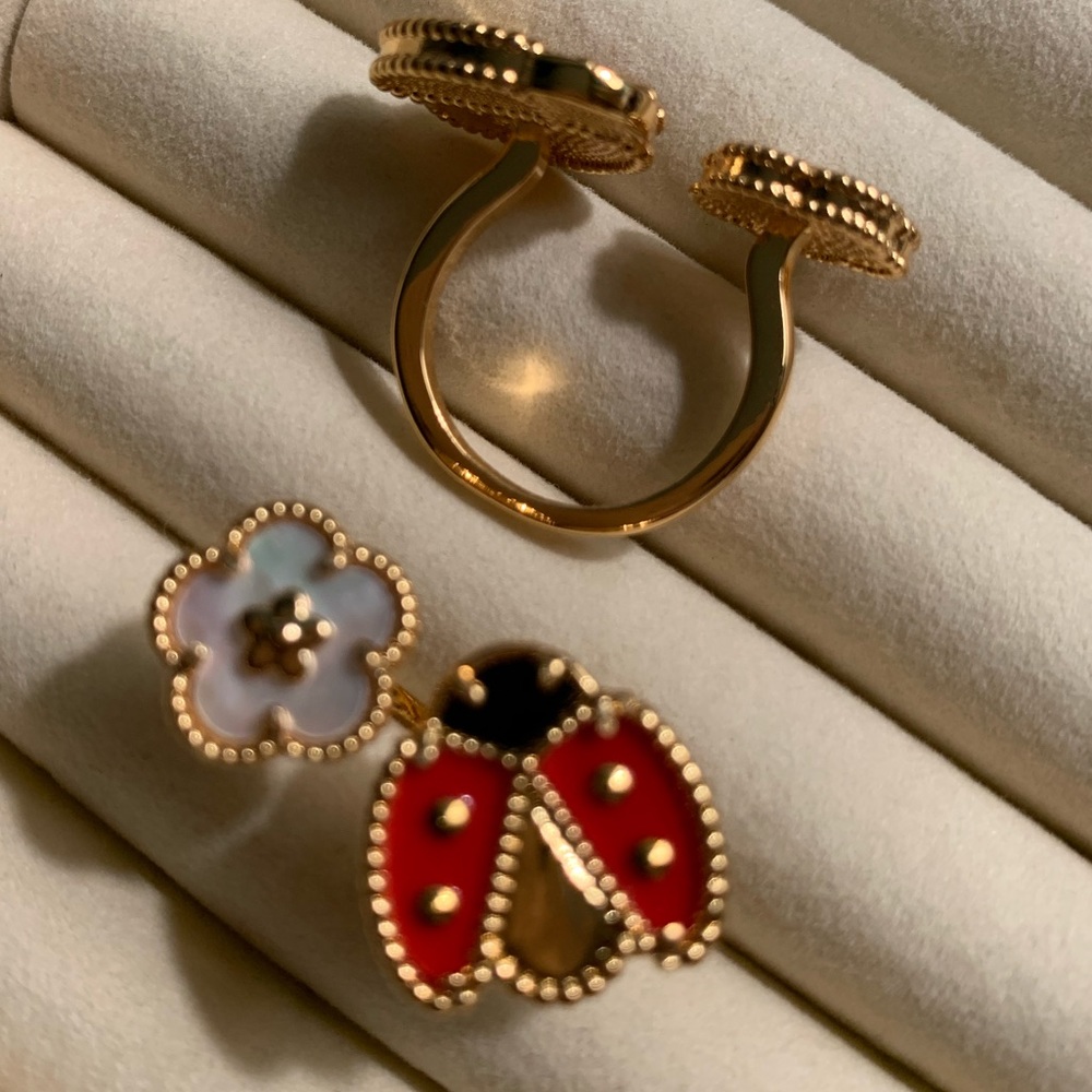 18 K gold Ring of mother of pearl butterfly $ flower adjustable Ring - Picture 8 of 15